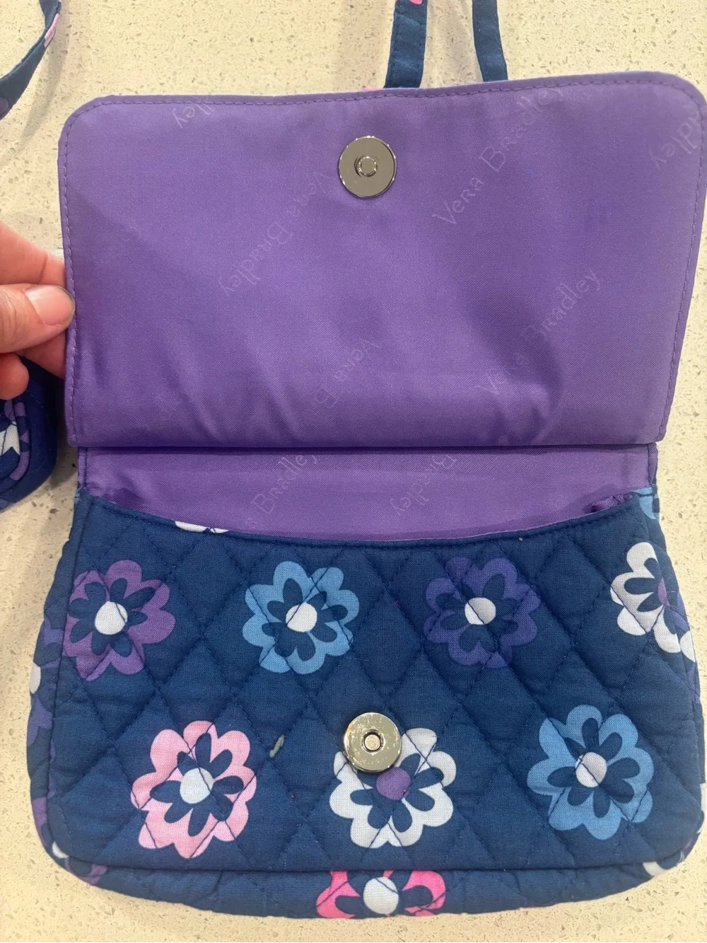 Vera Bradley Quilted Floral Crossbody Bag and Pouch in Navy “”Ellie Flowers”